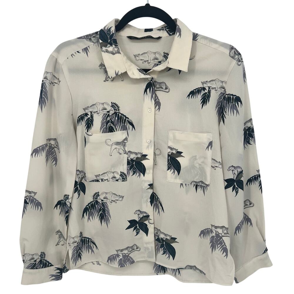 Zara Blue & Cream Jungle Print Button Down Shirt Size Large